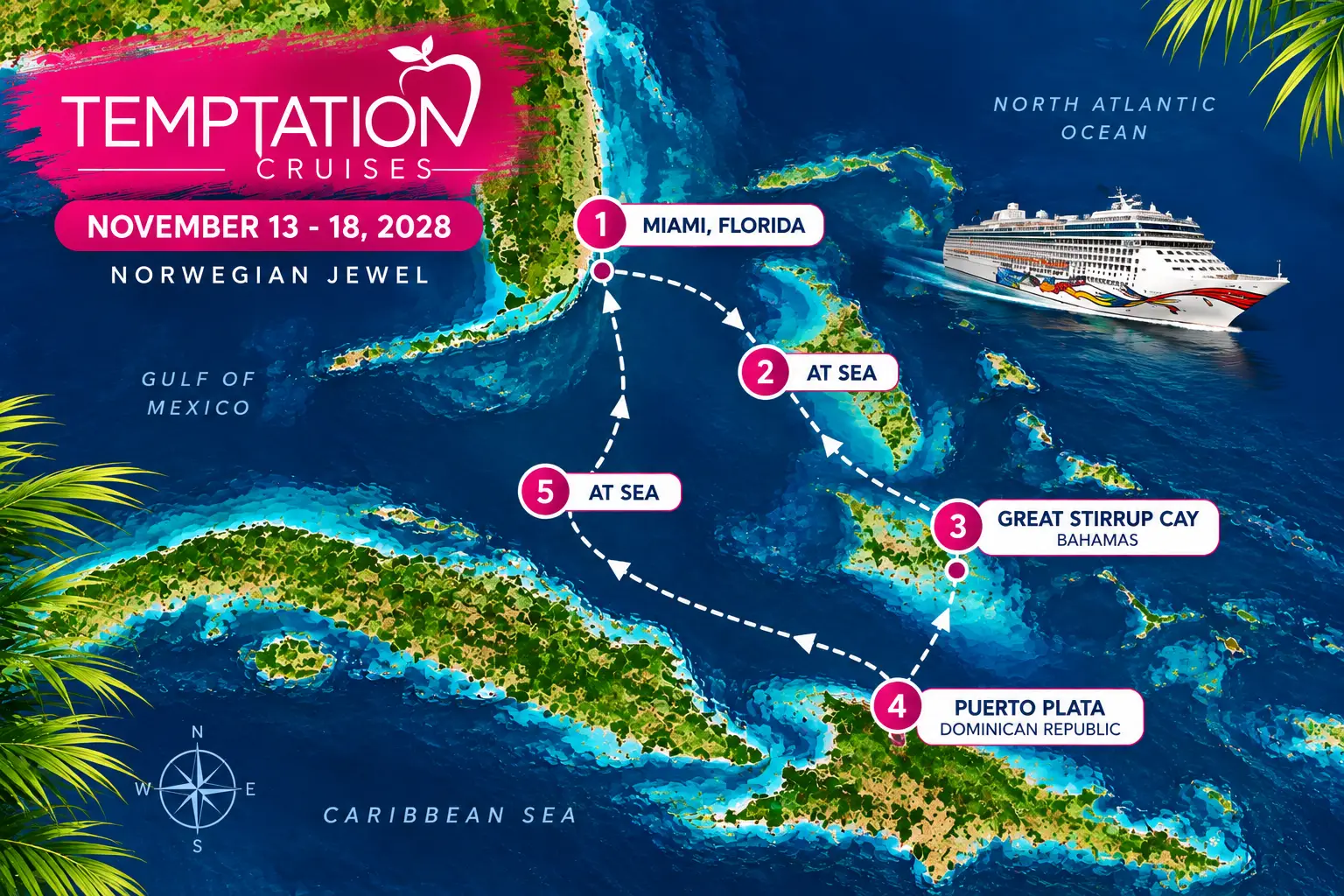 Temptation Cruise November 2028 itinerary map from Miami to Great Stirrup Cay and Puerto Plata