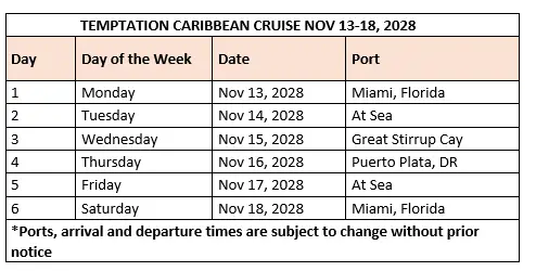 Temptation Cruise November 2028 itinerary schedule from Miami to Great Stirrup Cay and Puerto Plata